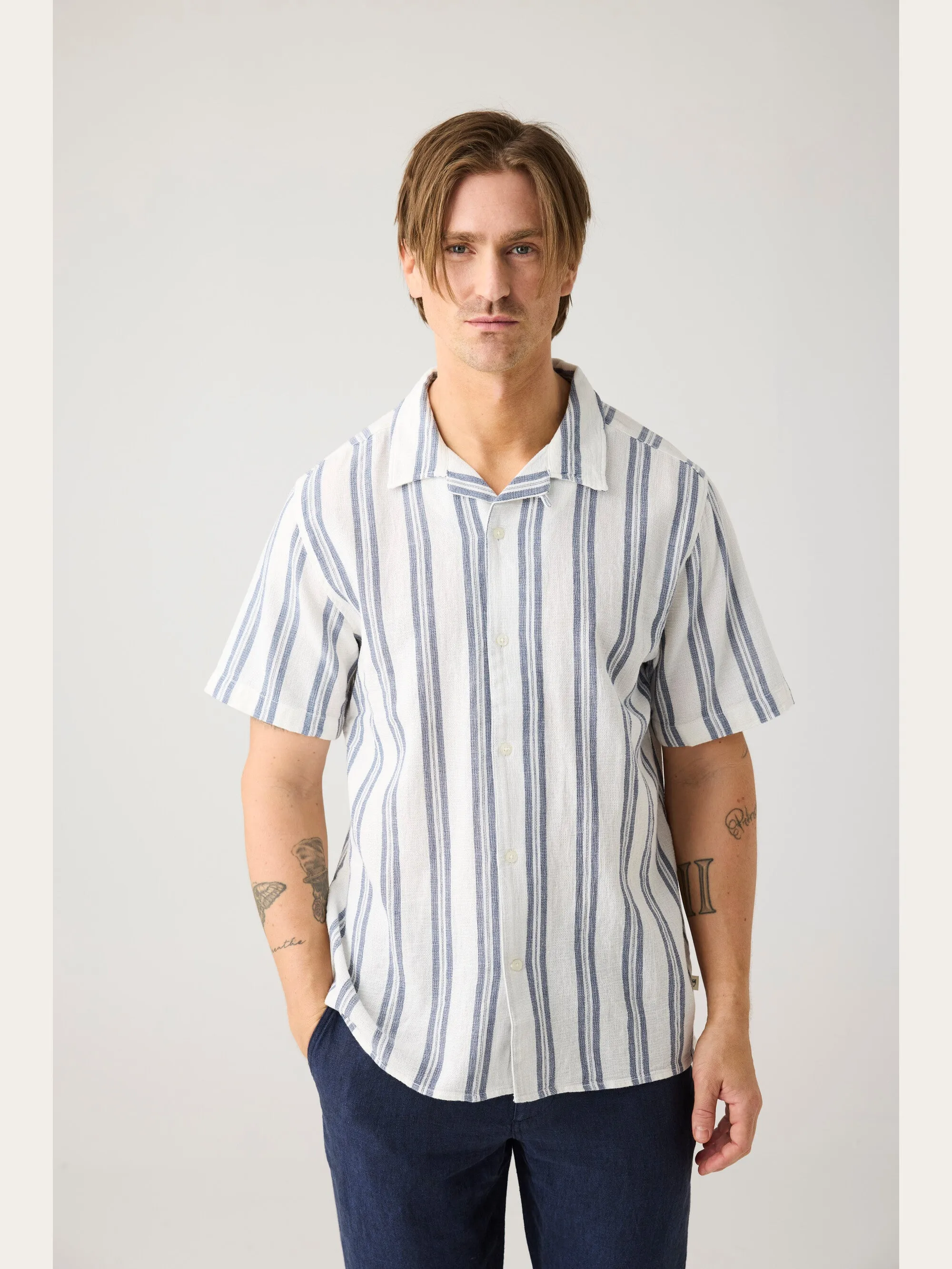 Box short sleeve striped cotton shirt GOTS/Vegan - Blue stripe Knowledge Cotton