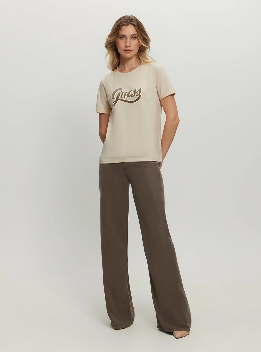 Eco Beige Glittery Logo T-Shirt Guess