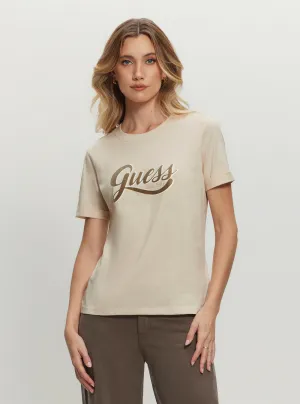 Eco Beige Glittery Logo T-Shirt Guess