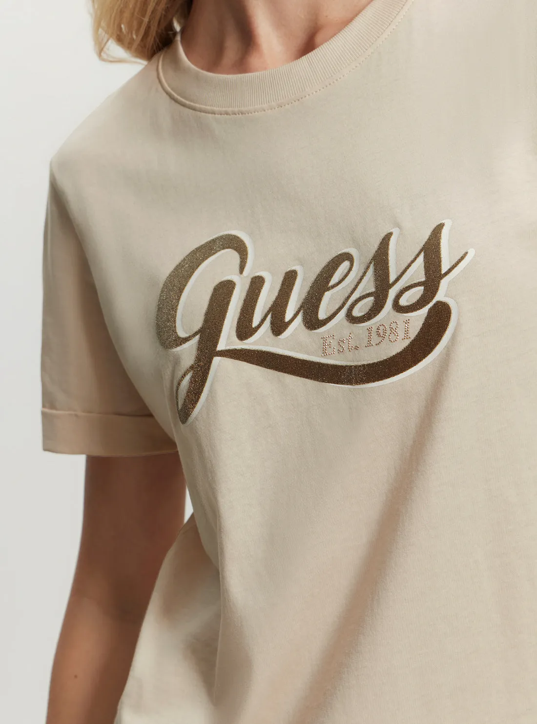 Eco Beige Glittery Logo T-Shirt Guess