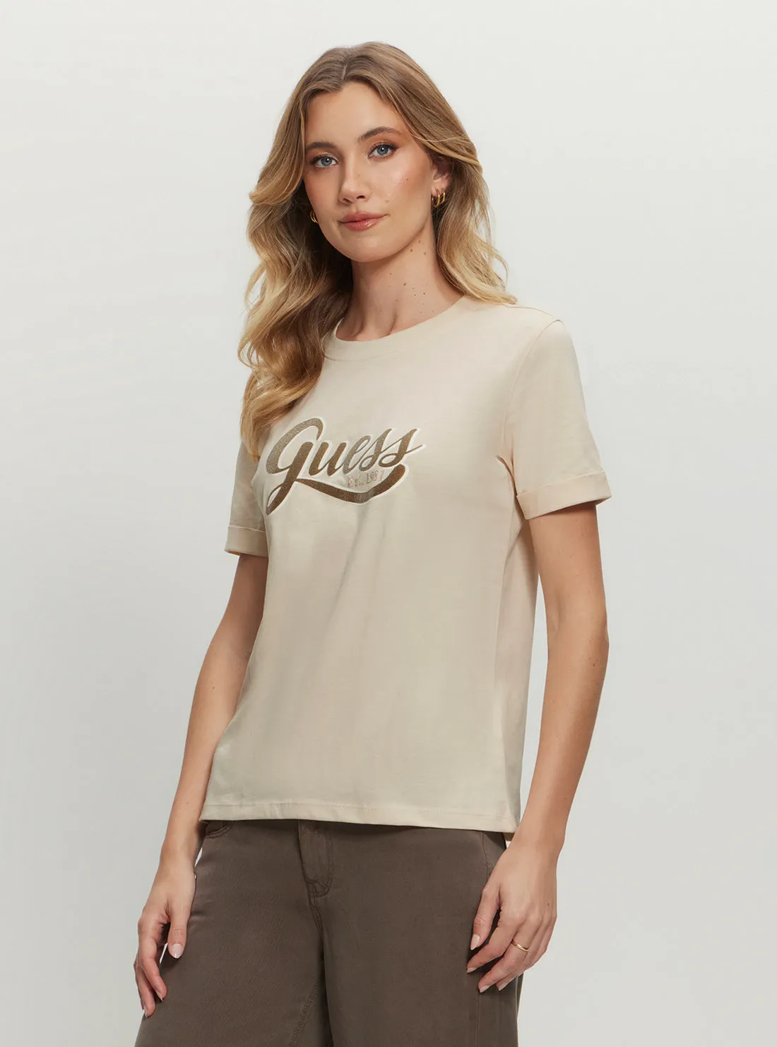 Eco Beige Glittery Logo T-Shirt Guess