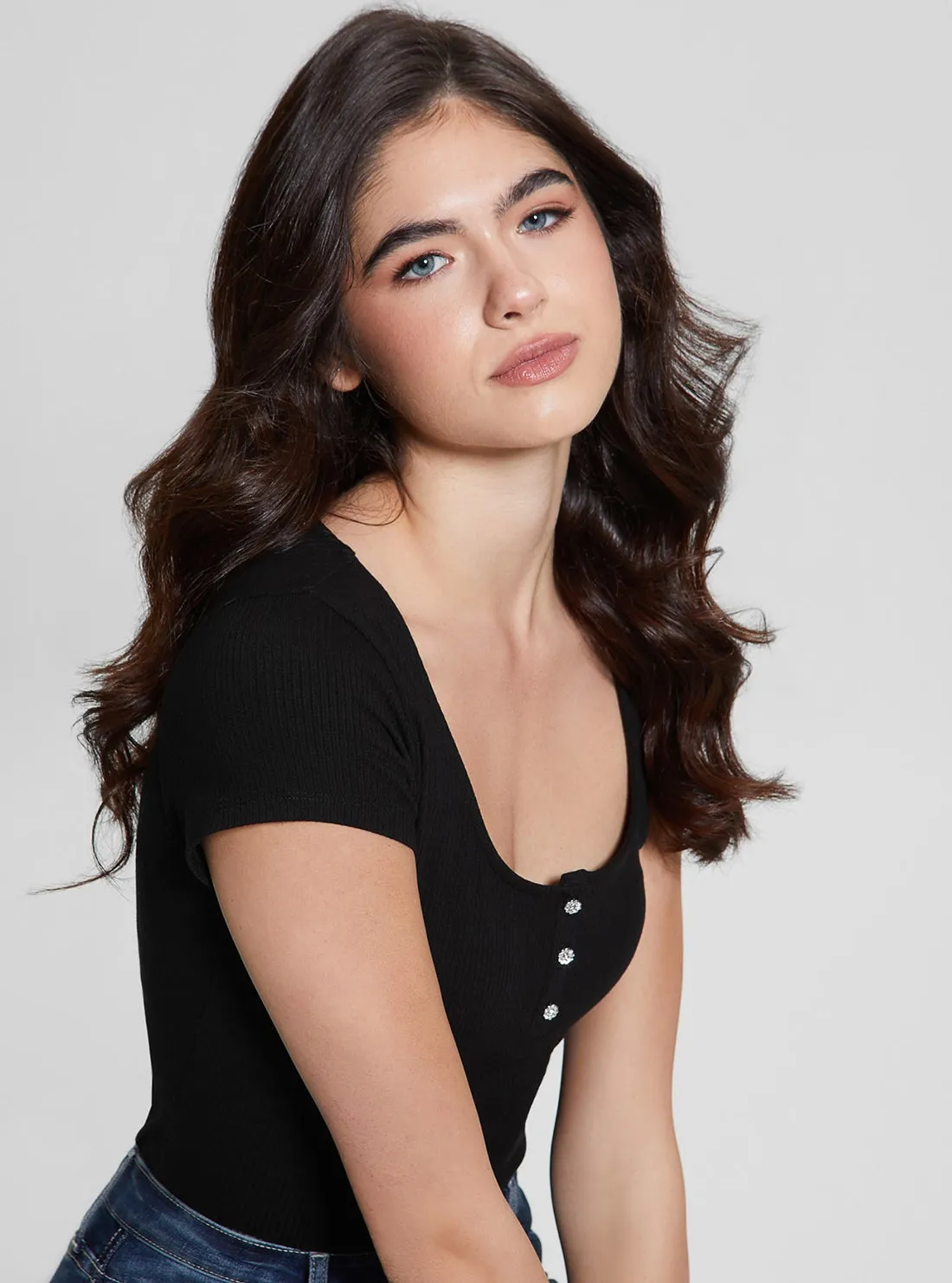 Eco Black Karlee Jewel Henley T-Shirt Guess