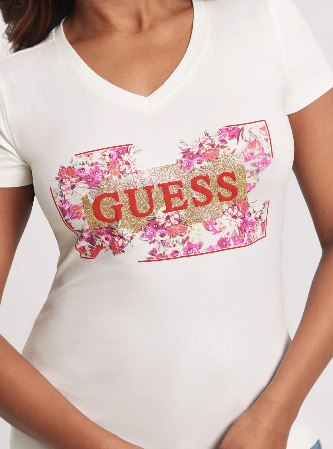 Eco White Flowers Logo T-Shirt Guess