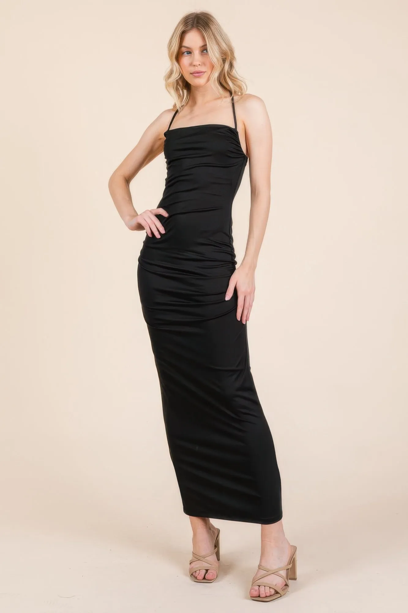 FASHNZFAB Women's Asymmetry Ruched Double Layered Maxi Dress