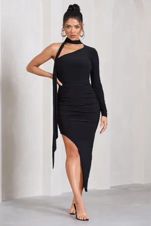 Firestorm | Black Asymmetric One-Sleeved Midi Dress With Scarf Club L London
