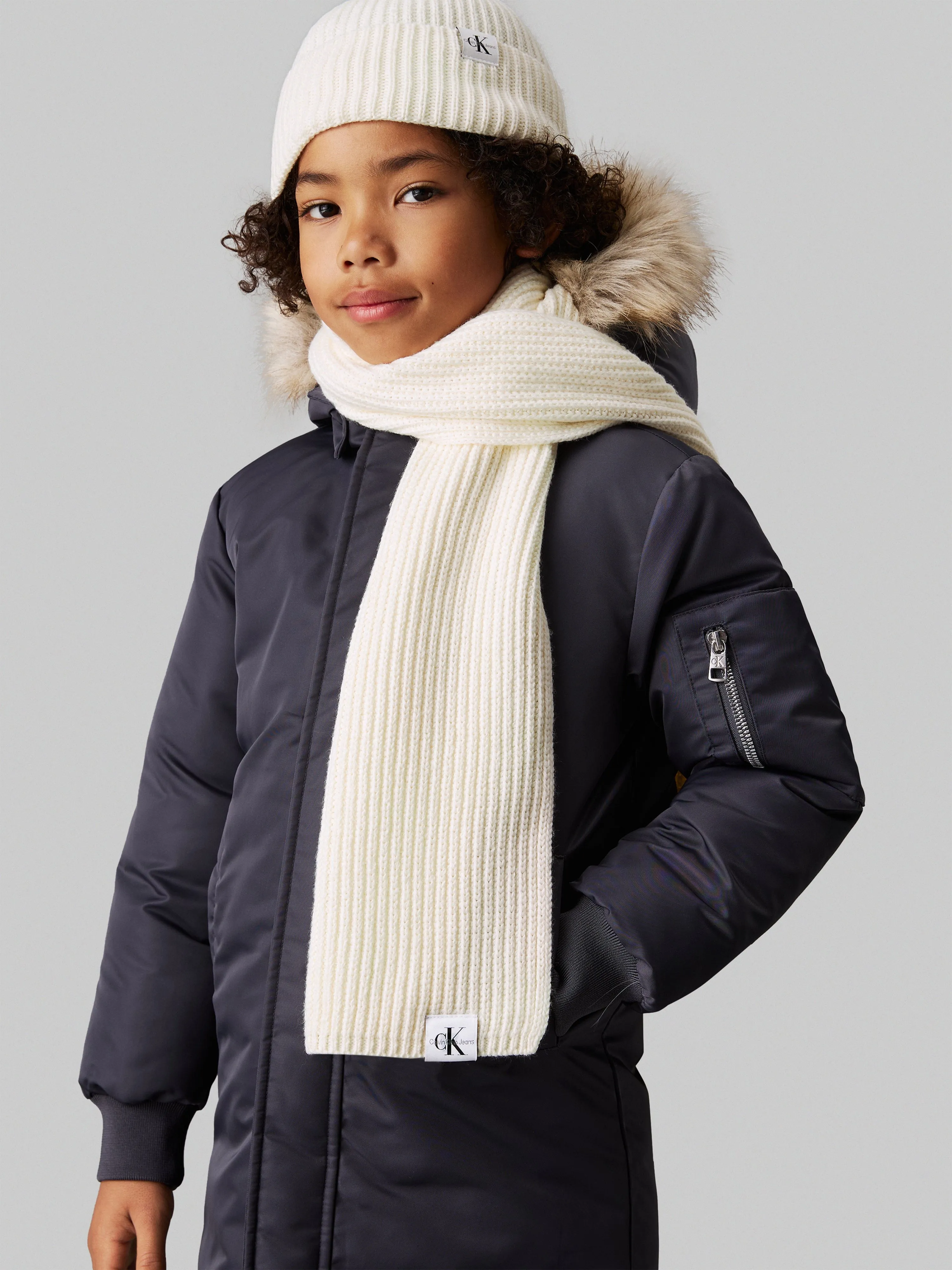 Girls Monogram Rib Scarf and Beanie Set in Ivory