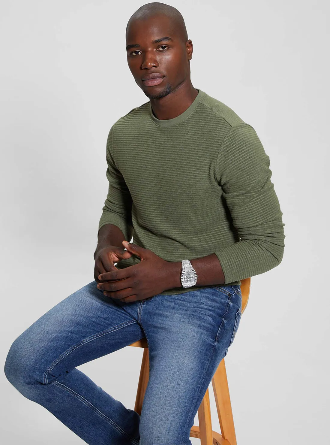 Green Hudson Linear Knit Jumper Guess