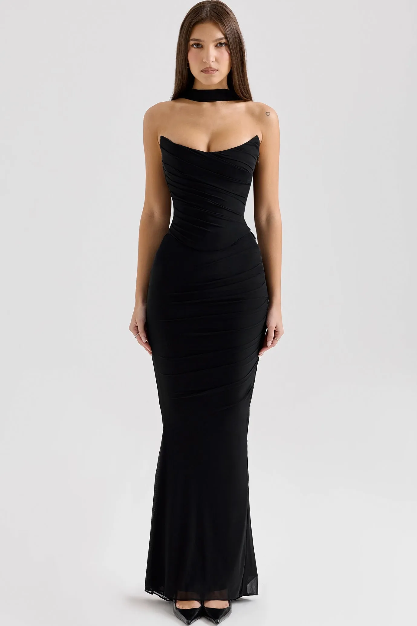 Hallie Strapless Corset With Neck Scarf and Fluted Hem Mesh Maxi Skirt in Black by House of CB