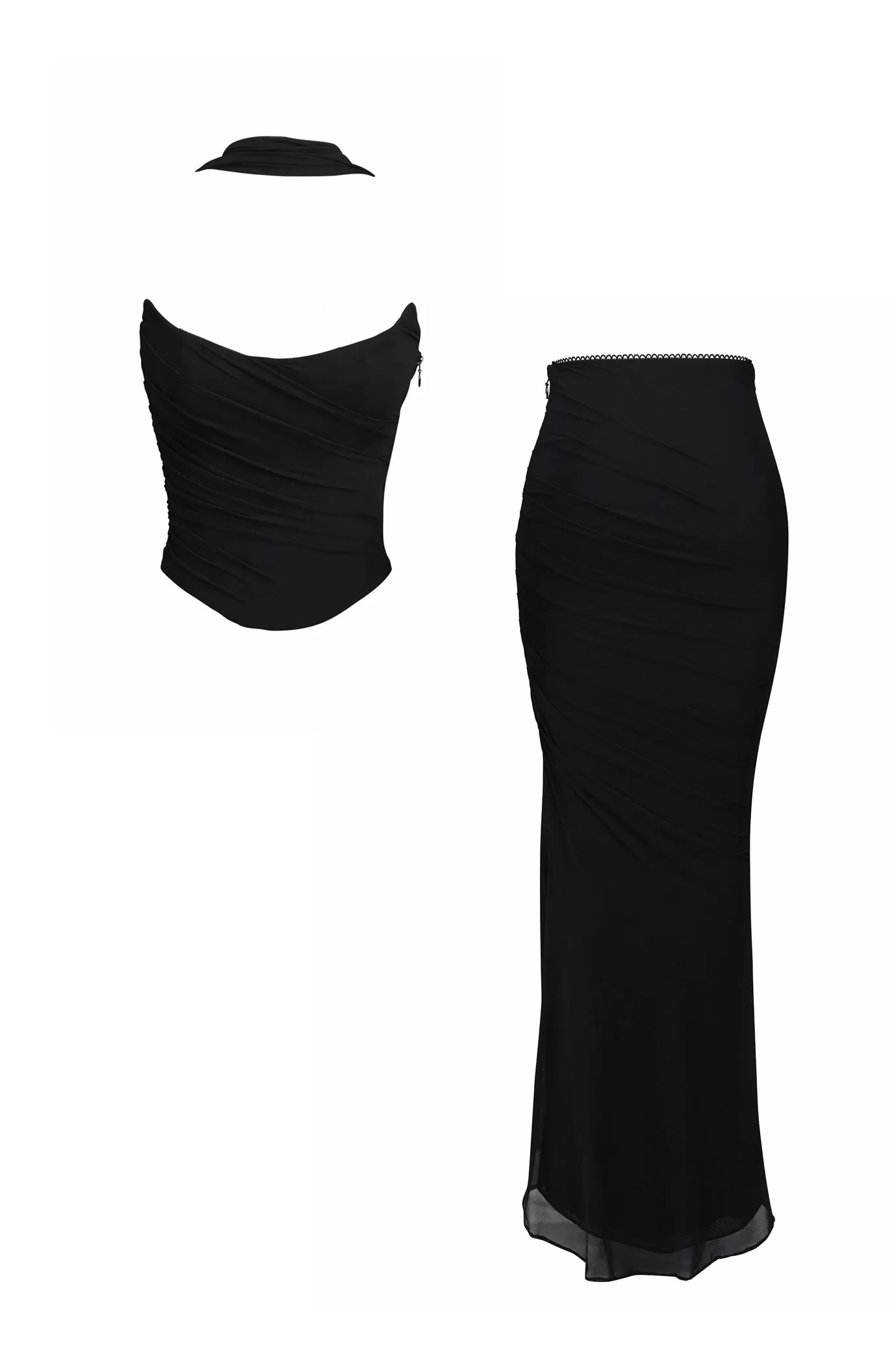 Hallie Strapless Corset With Neck Scarf and Fluted Hem Mesh Maxi Skirt in Black by House of CB