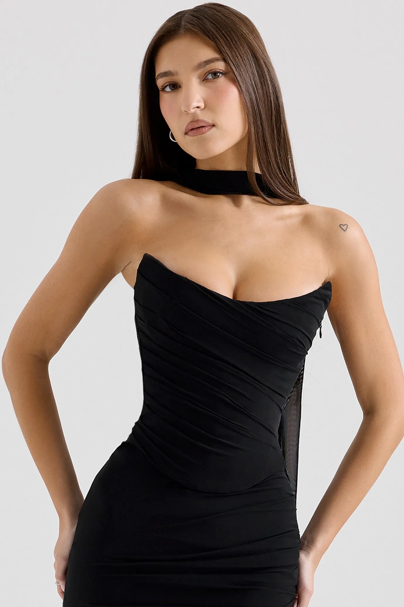 Hallie Strapless Corset With Neck Scarf and Fluted Hem Mesh Maxi Skirt in Black by House of CB