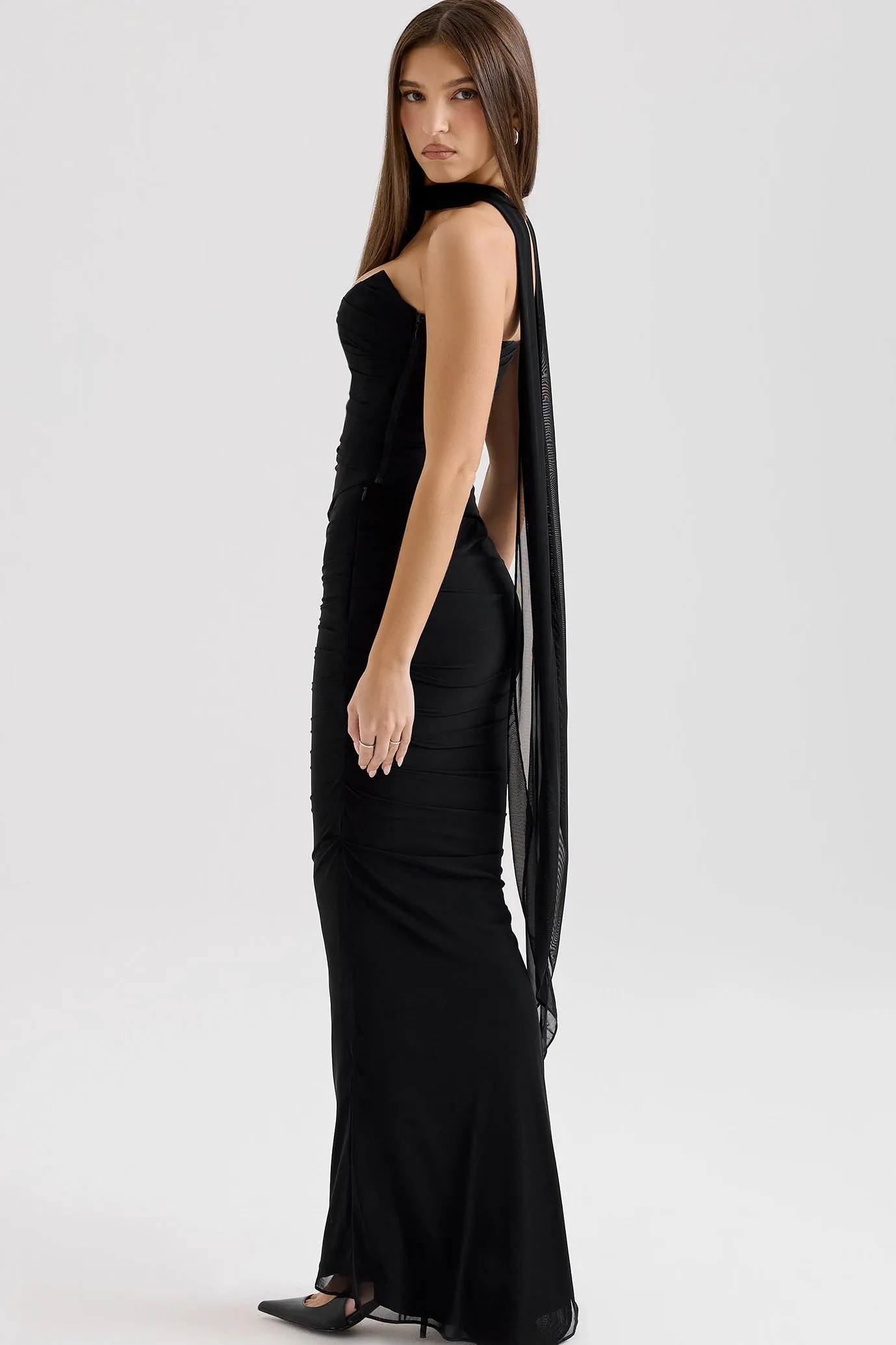 Hallie Strapless Corset With Neck Scarf and Fluted Hem Mesh Maxi Skirt in Black by House of CB