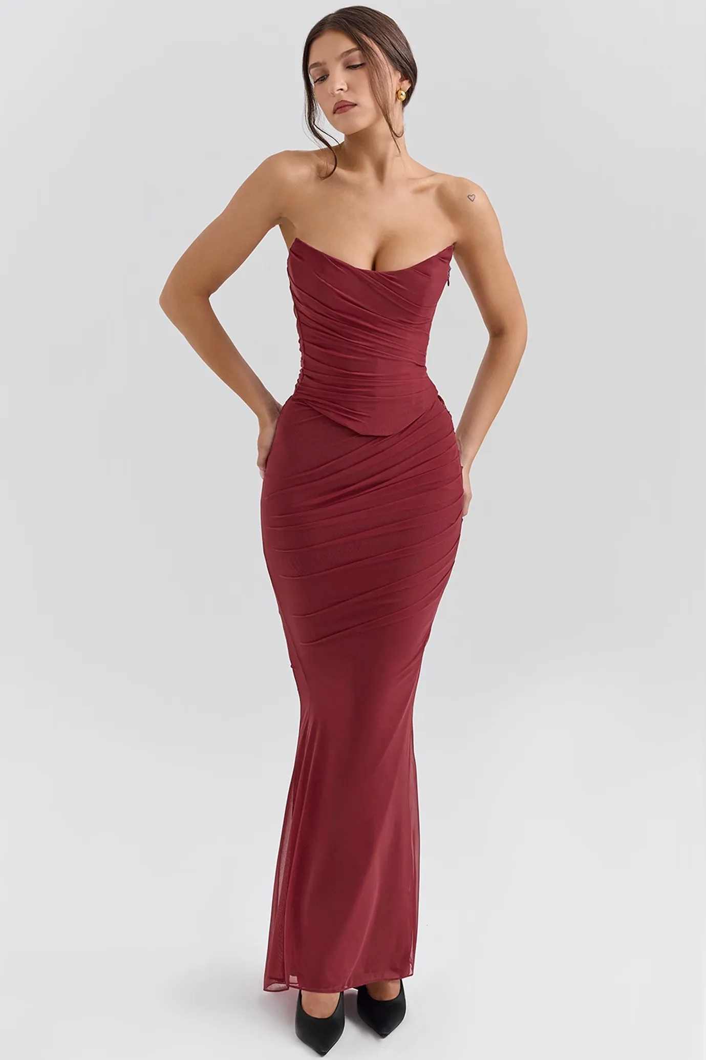 Hallie Strapless Corset With Neck Scarf and Fluted Hem Mesh Maxi Skirt in Cabernet by House of CB