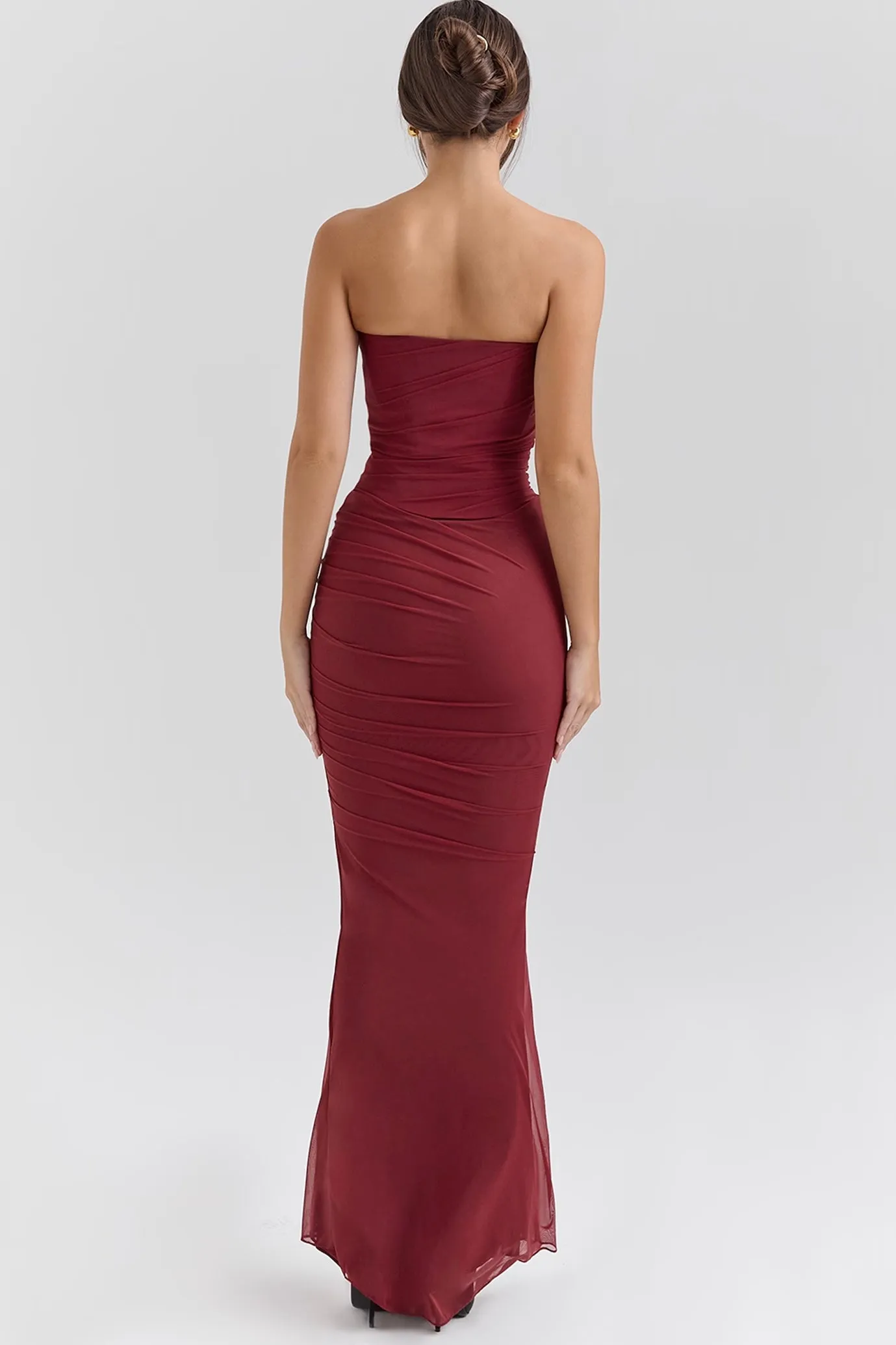 Hallie Strapless Corset With Neck Scarf and Fluted Hem Mesh Maxi Skirt in Cabernet by House of CB