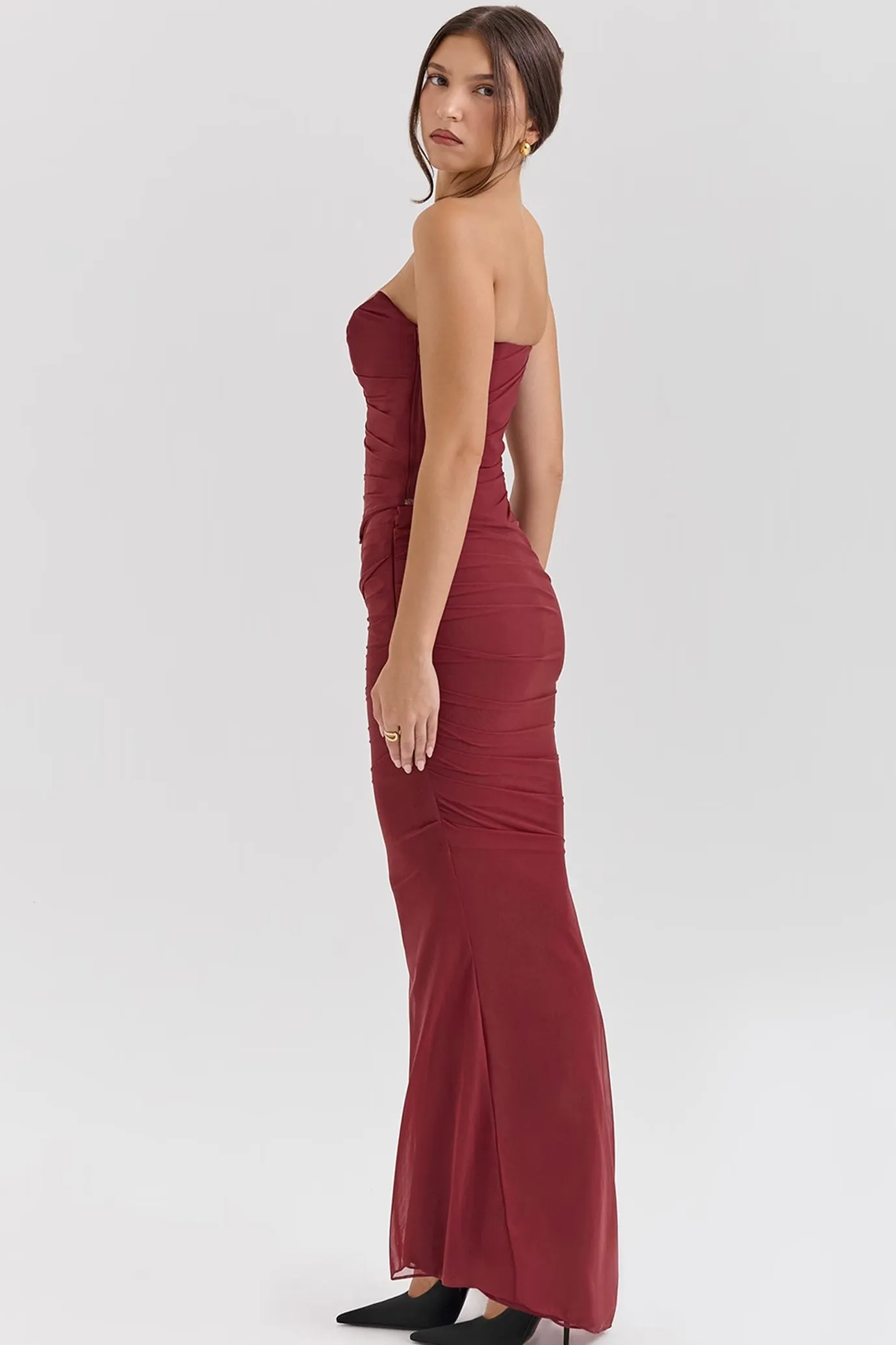 Hallie Strapless Corset With Neck Scarf and Fluted Hem Mesh Maxi Skirt in Cabernet by House of CB