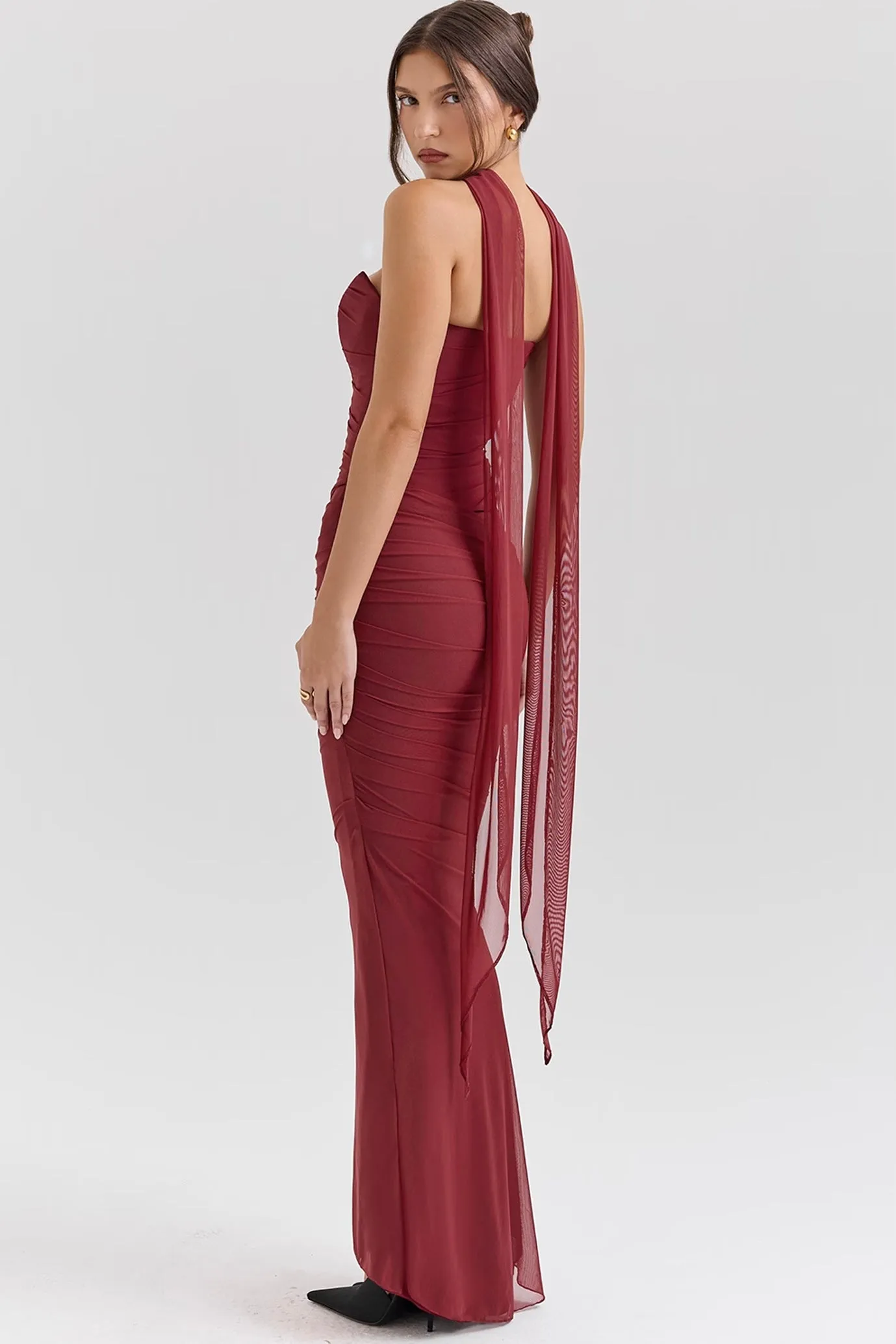 Hallie Strapless Corset With Neck Scarf and Fluted Hem Mesh Maxi Skirt in Cabernet by House of CB