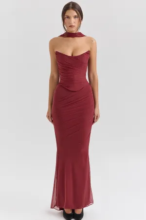 Hallie Strapless Corset With Neck Scarf and Fluted Hem Mesh Maxi Skirt in Cabernet by House of CB