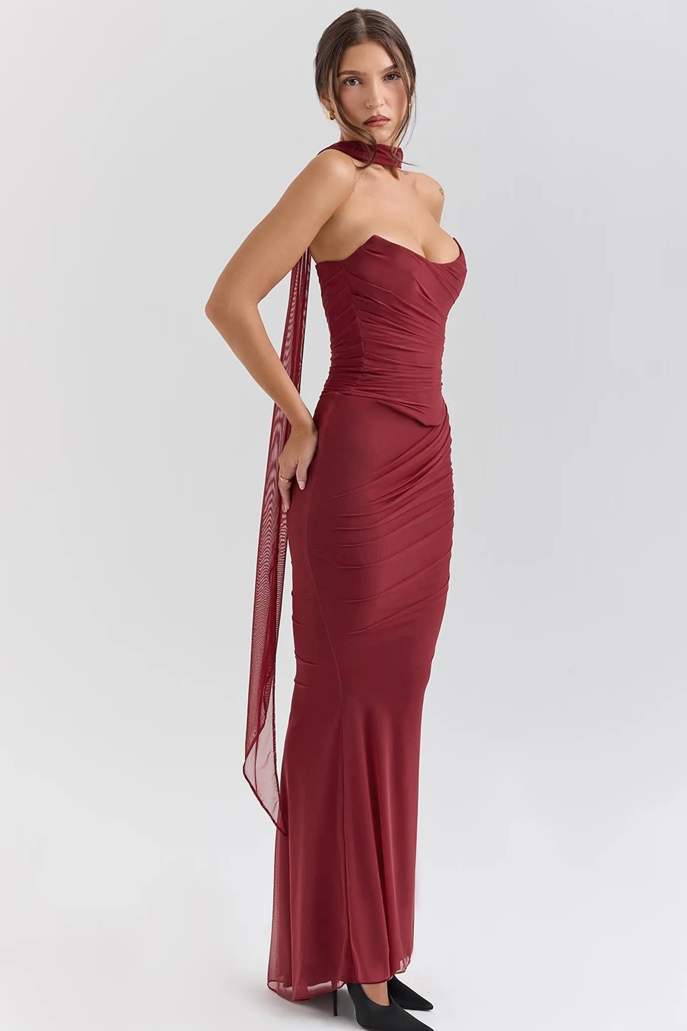 Hallie Strapless Corset With Neck Scarf and Fluted Hem Mesh Maxi Skirt in Cabernet by House of CB