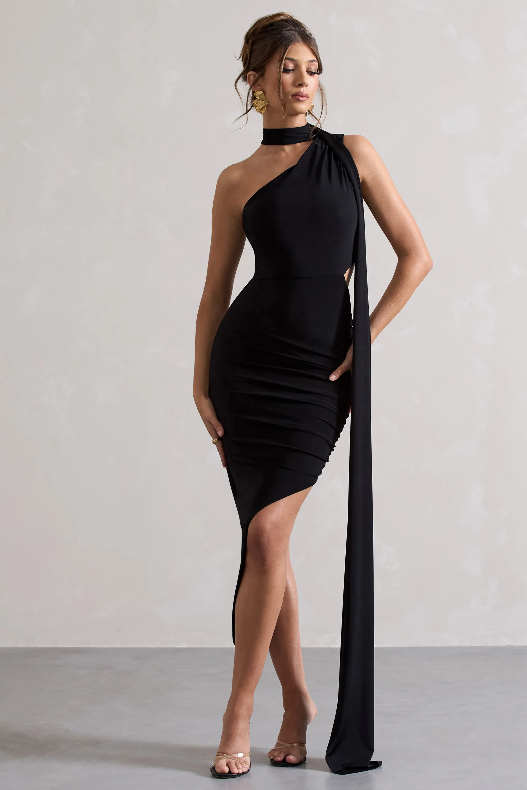 Icon | Black One Shoulder Cut-Out Maxi Dress With Scarf Club L London