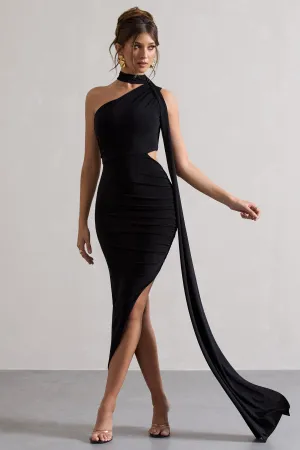 Icon | Black One Shoulder Cut-Out Maxi Dress With Scarf Club L London