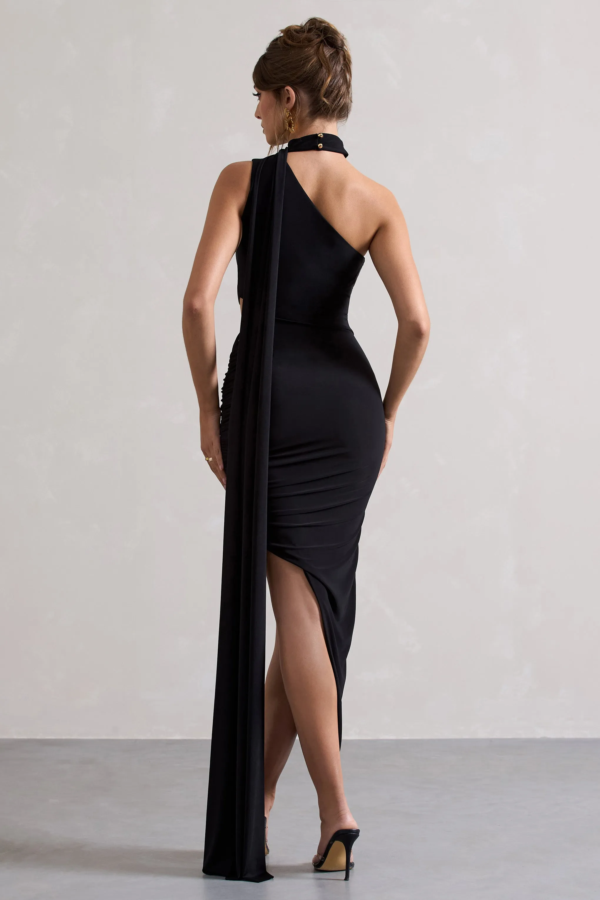 Icon | Black One Shoulder Cut-Out Maxi Dress With Scarf Club L London