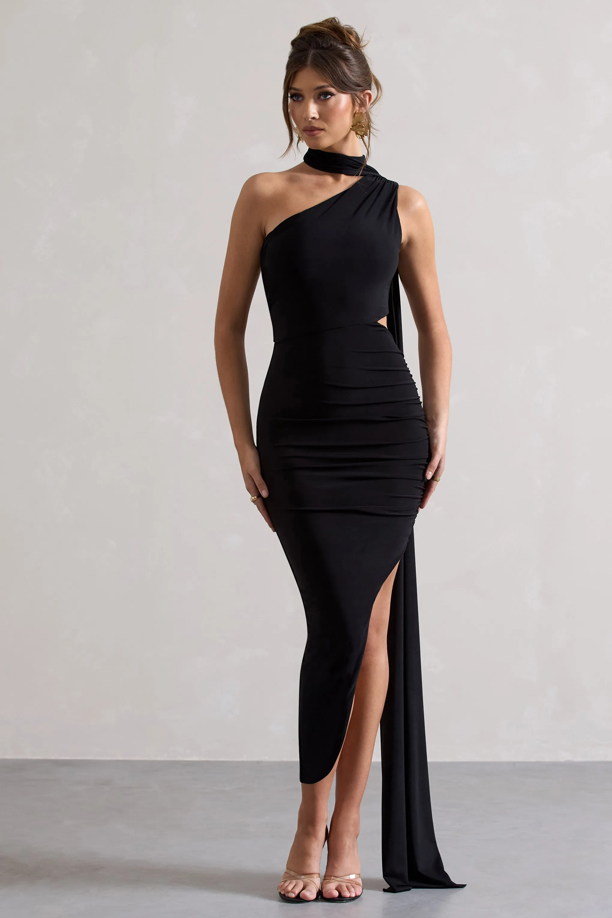 Icon | Black One Shoulder Cut-Out Maxi Dress With Scarf Club L London