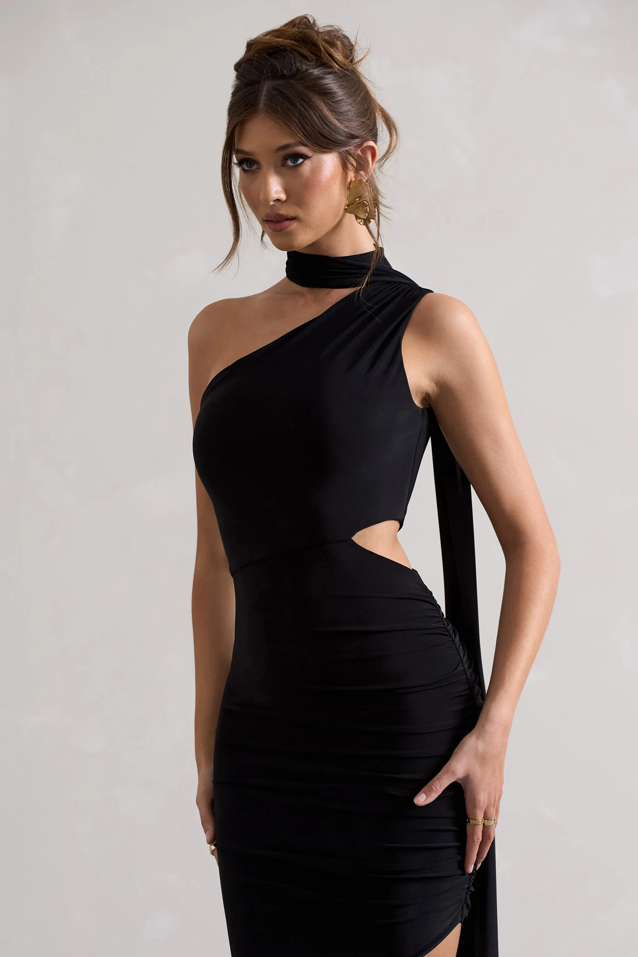 Icon | Black One Shoulder Cut-Out Maxi Dress With Scarf Club L London