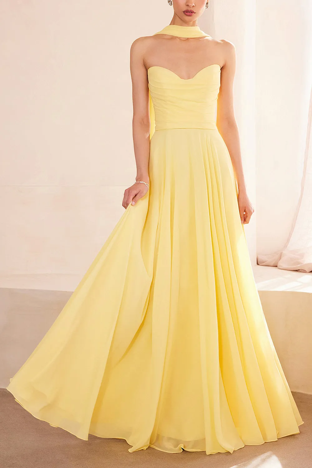 Janie Light Yellow | Chiffon Maxi Dress w/ Neck Scarf