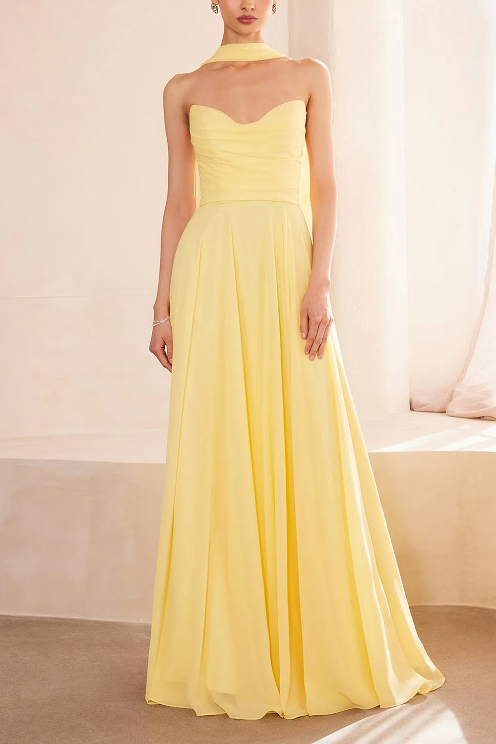 Janie Light Yellow | Chiffon Maxi Dress w/ Neck Scarf