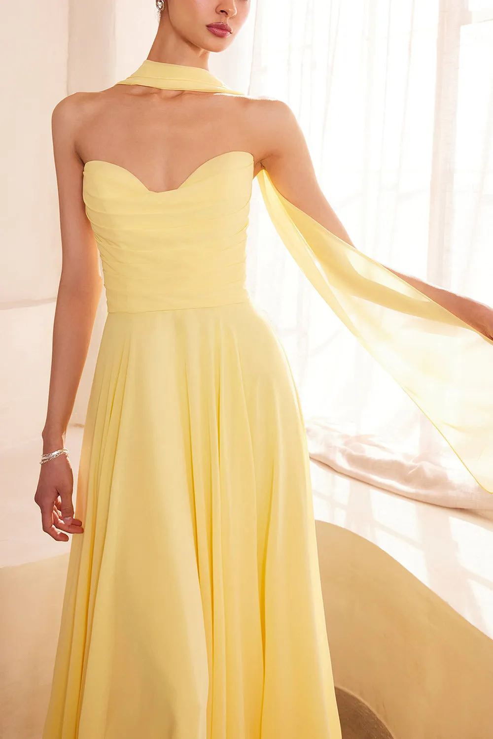 Janie Light Yellow | Chiffon Maxi Dress w/ Neck Scarf