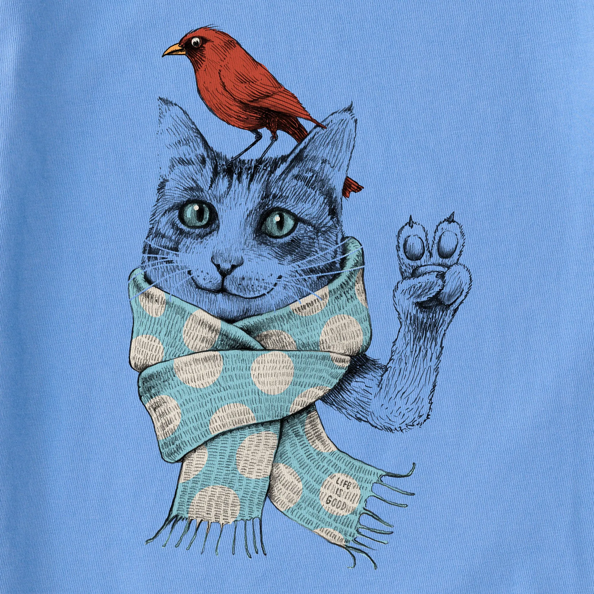 Kids Peaceful Cat w Bird Polka Scarf Short Sleeve Crusher Tee Life is Good