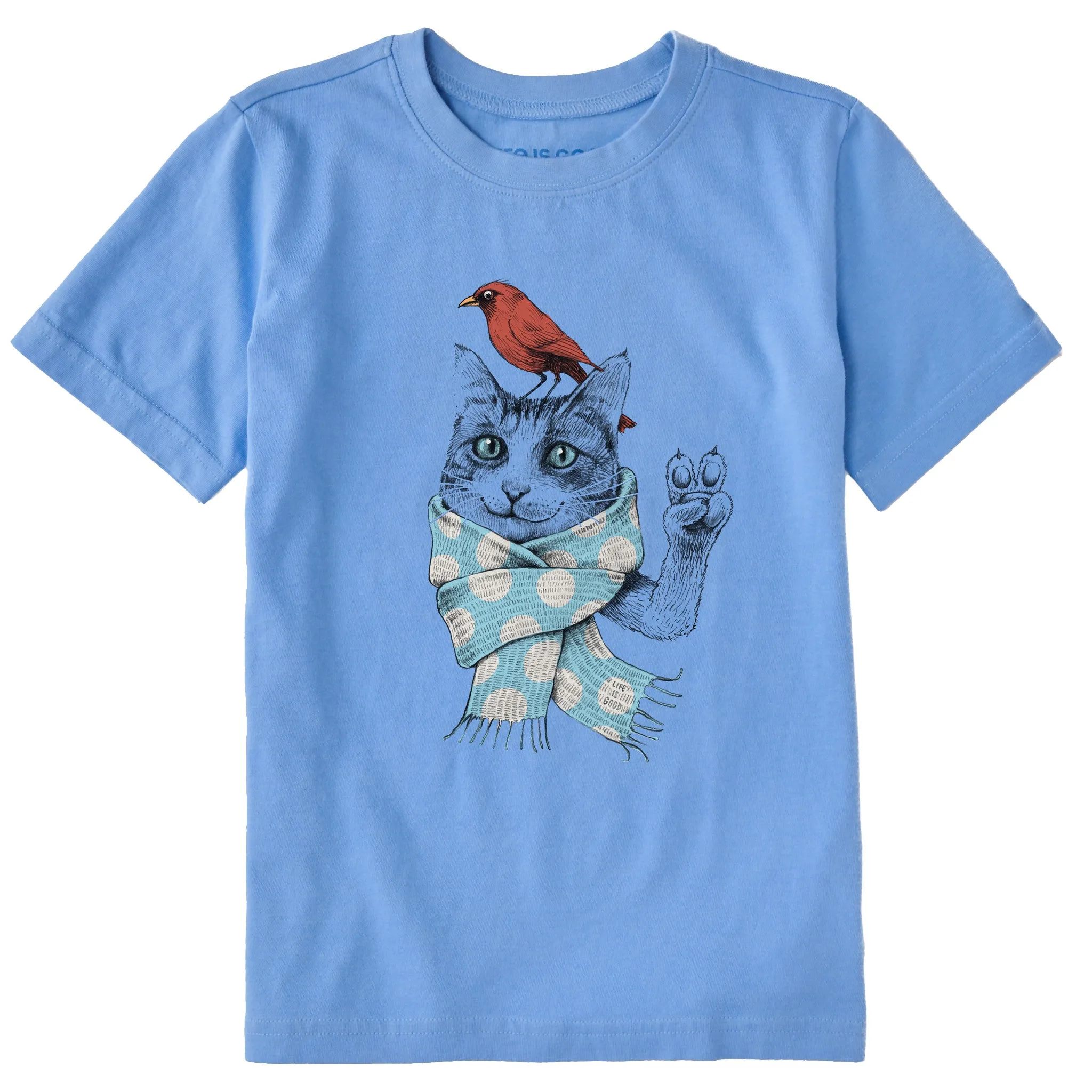 Kids Peaceful Cat w Bird Polka Scarf Short Sleeve Crusher Tee Life is Good