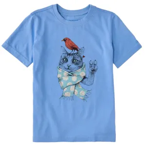 Kids Peaceful Cat w Bird Polka Scarf Short Sleeve Crusher Tee Life is Good