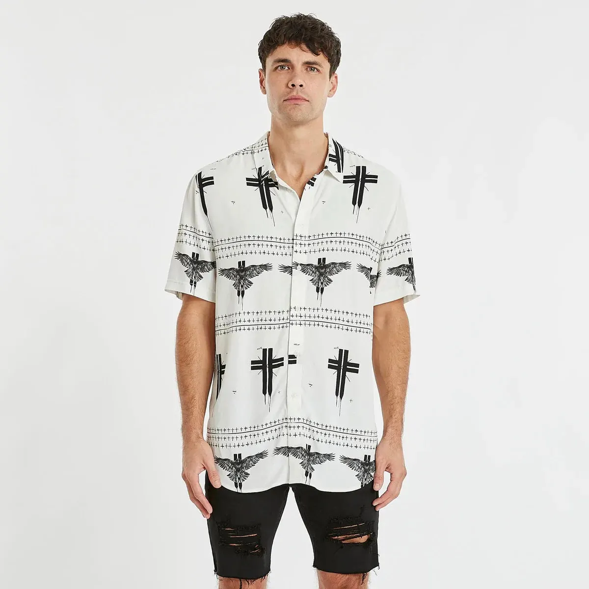 KISS CHACEY Mens Malibu Relaxed Short Sleeve Shirt White Print