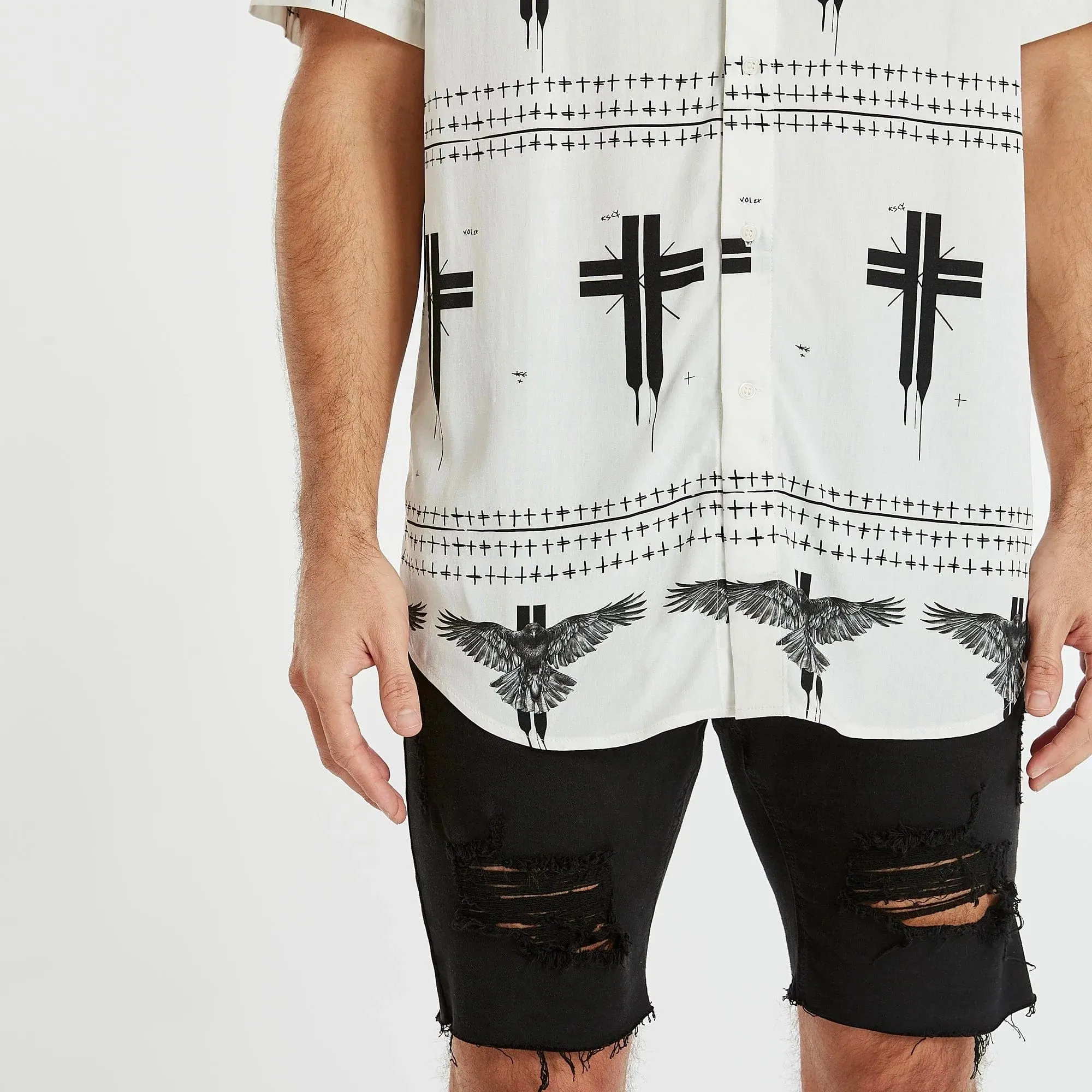 KISS CHACEY Mens Malibu Relaxed Short Sleeve Shirt White Print