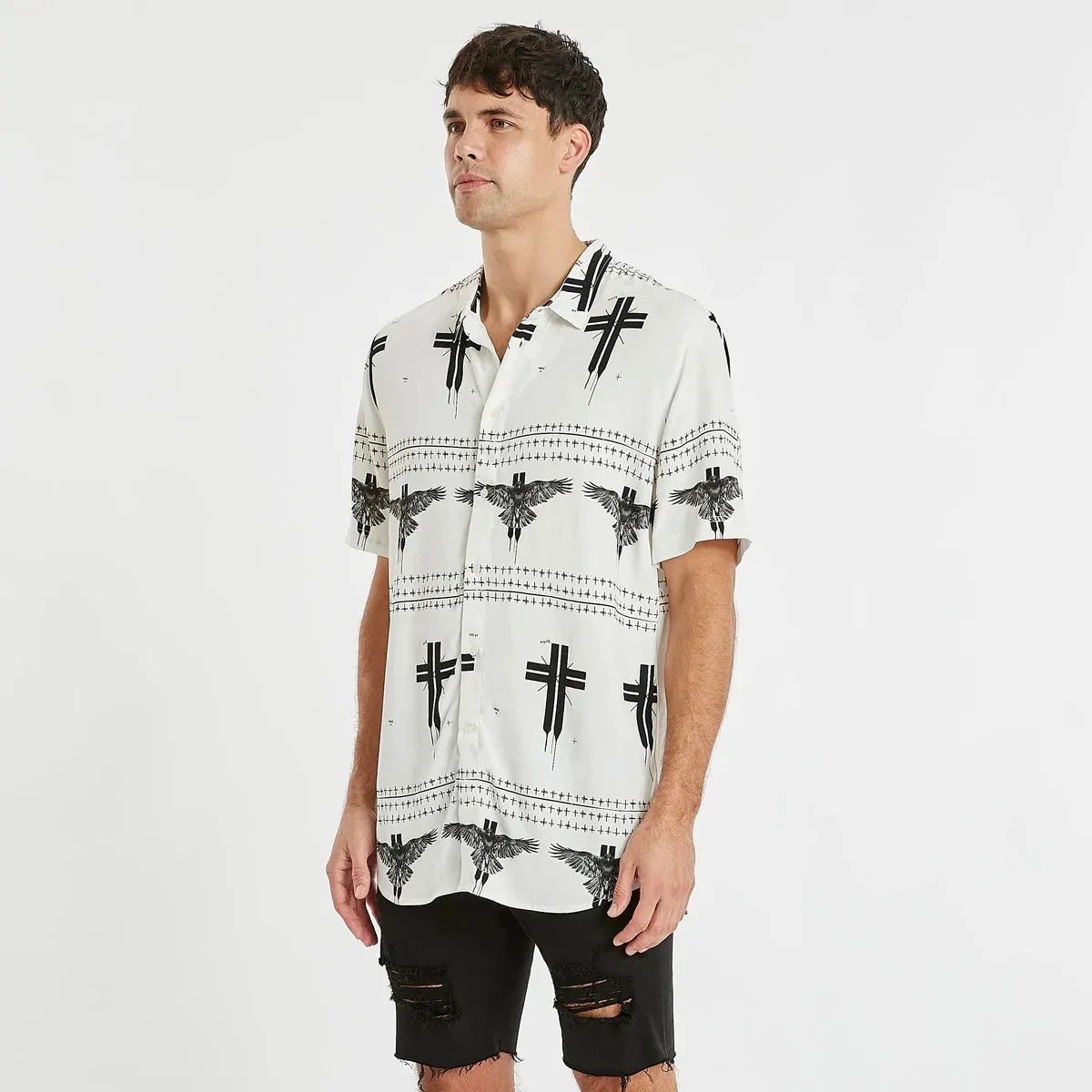 KISS CHACEY Mens Malibu Relaxed Short Sleeve Shirt White Print