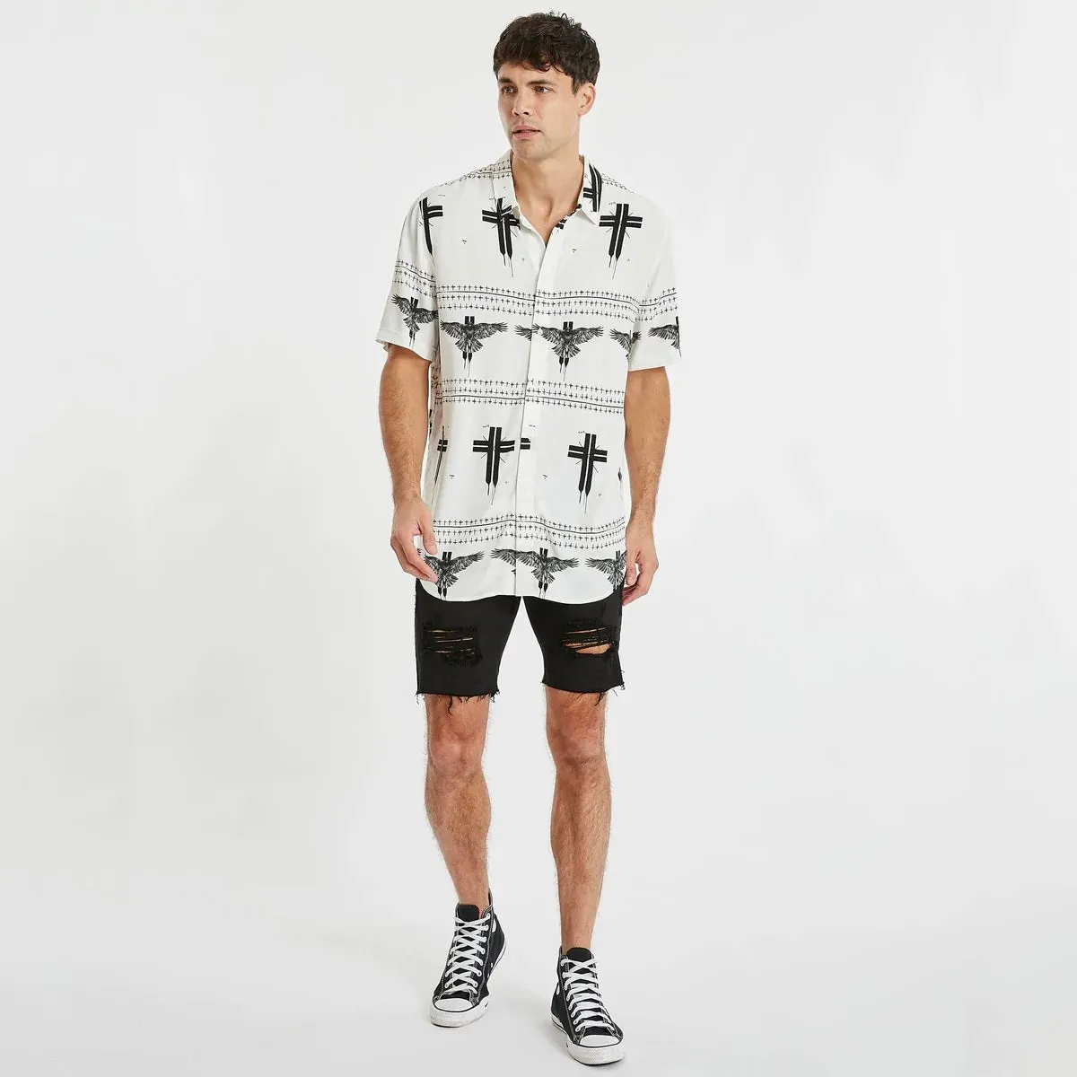 KISS CHACEY Mens Malibu Relaxed Short Sleeve Shirt White Print