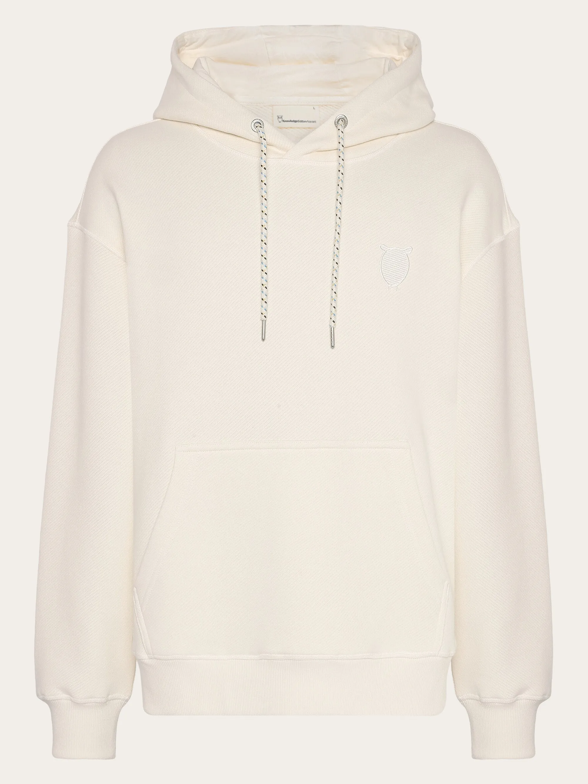 Loose fit hood kangaroo pocket sweat with embroidery at chest - Egret Knowledge Cotton