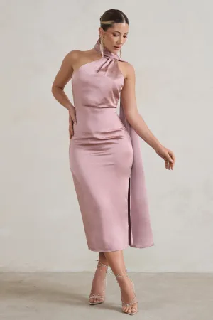 Madame | Blush Pink Satin Asymmetric Scarf Neck Backless Midi Dress Club L London