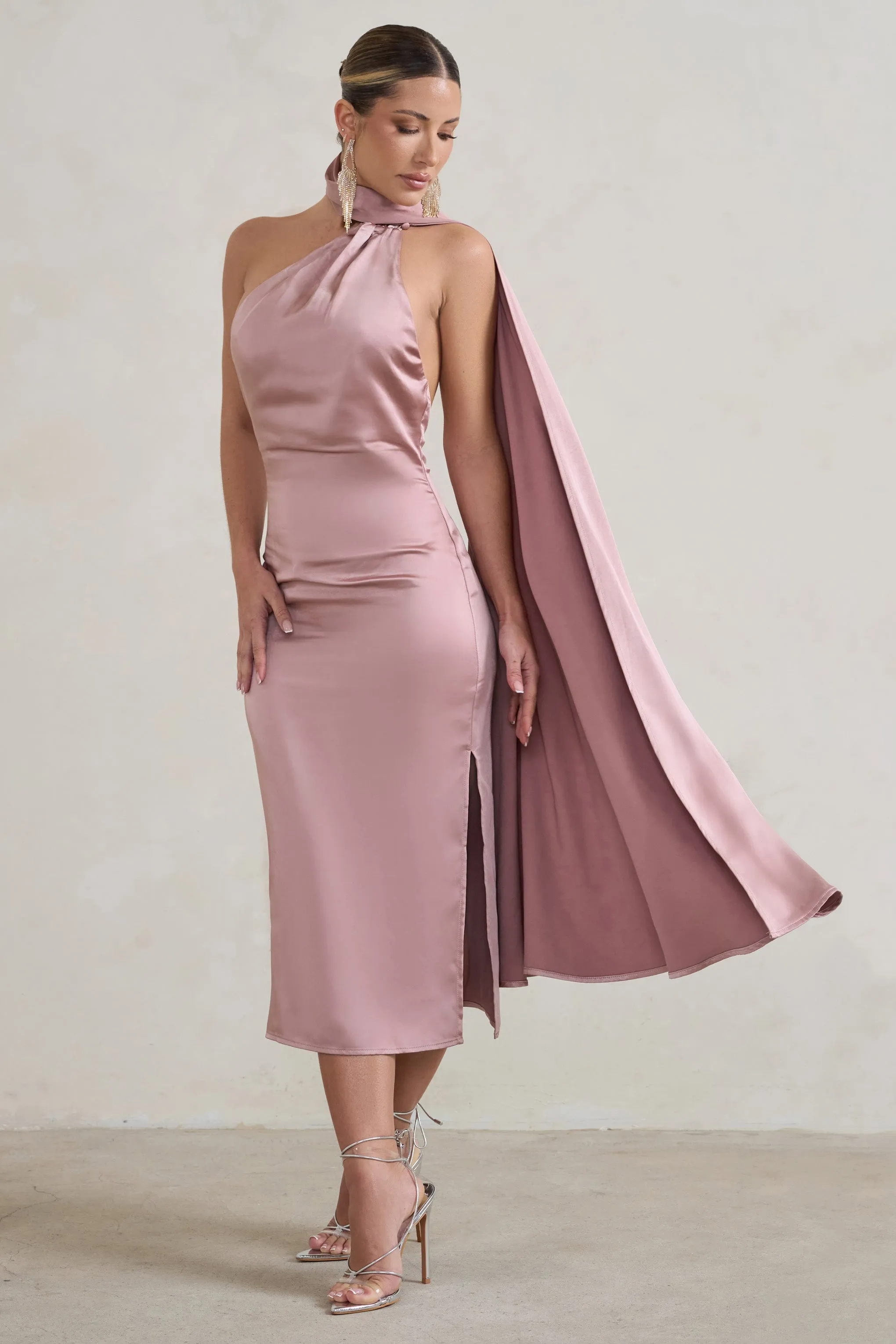 Madame | Blush Pink Satin Asymmetric Scarf Neck Backless Midi Dress Club L London