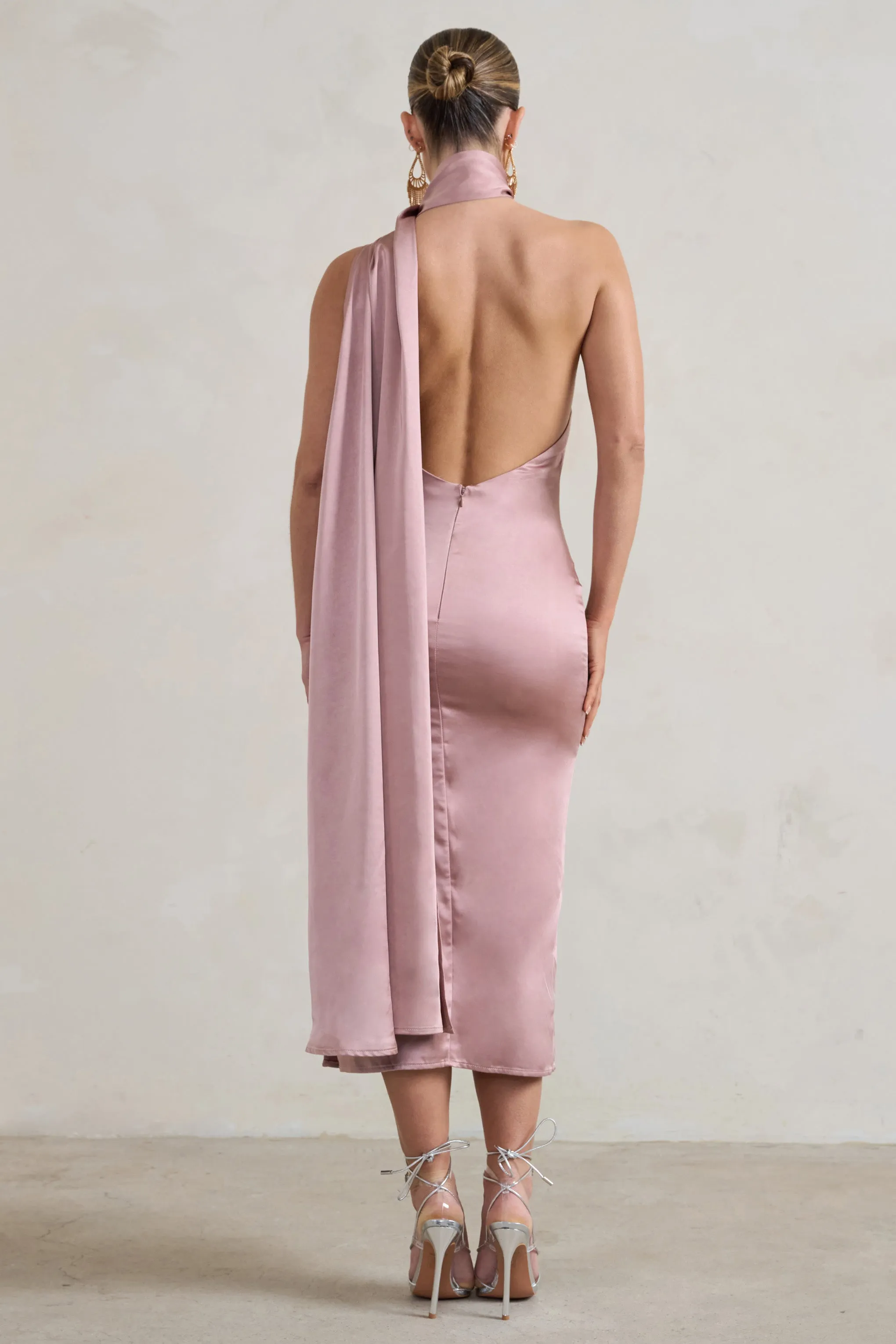 Madame | Blush Pink Satin Asymmetric Scarf Neck Backless Midi Dress Club L London