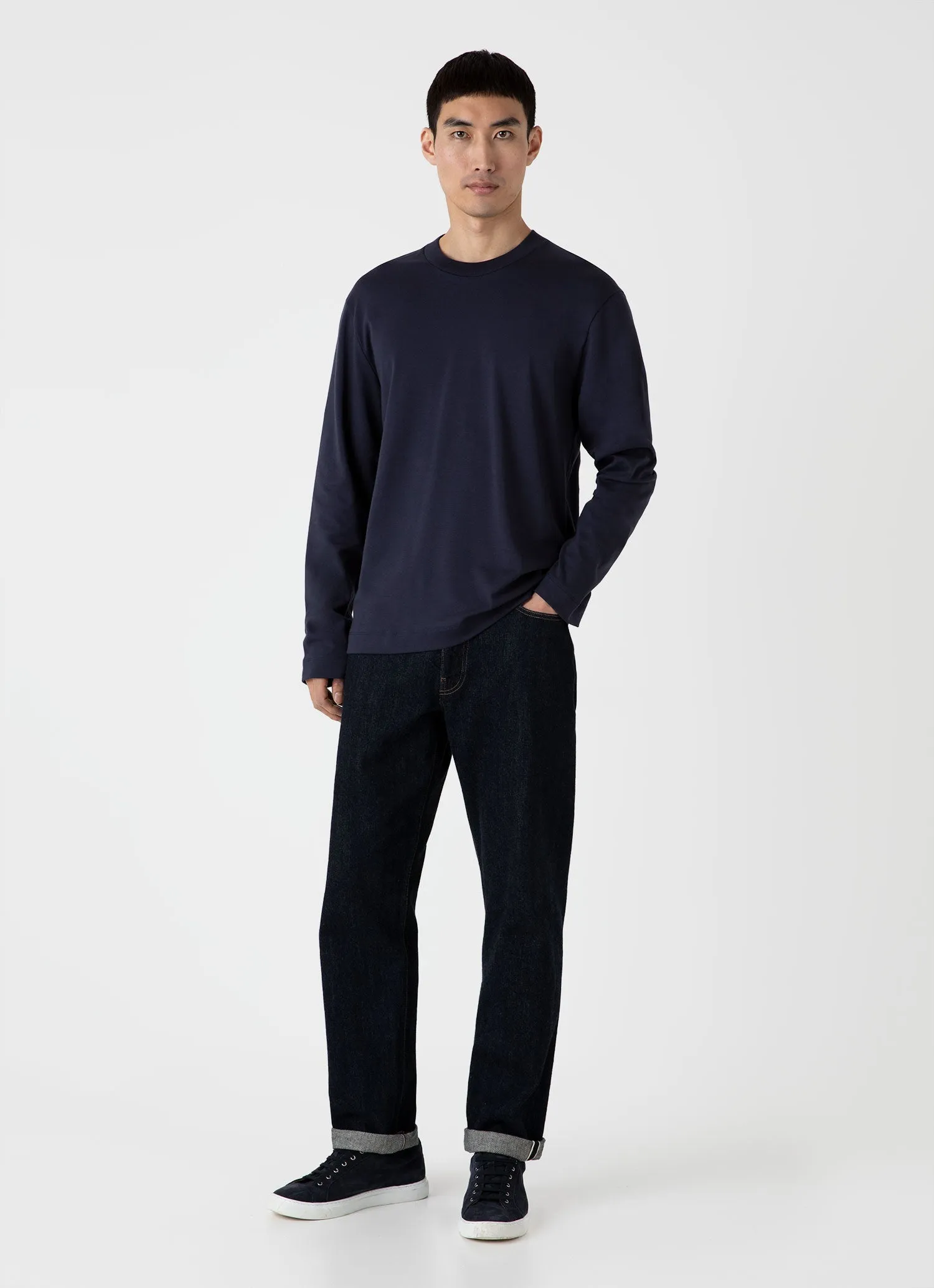 Men's Long Sleeve Heavyweight T-shirt in Navy Sunspel