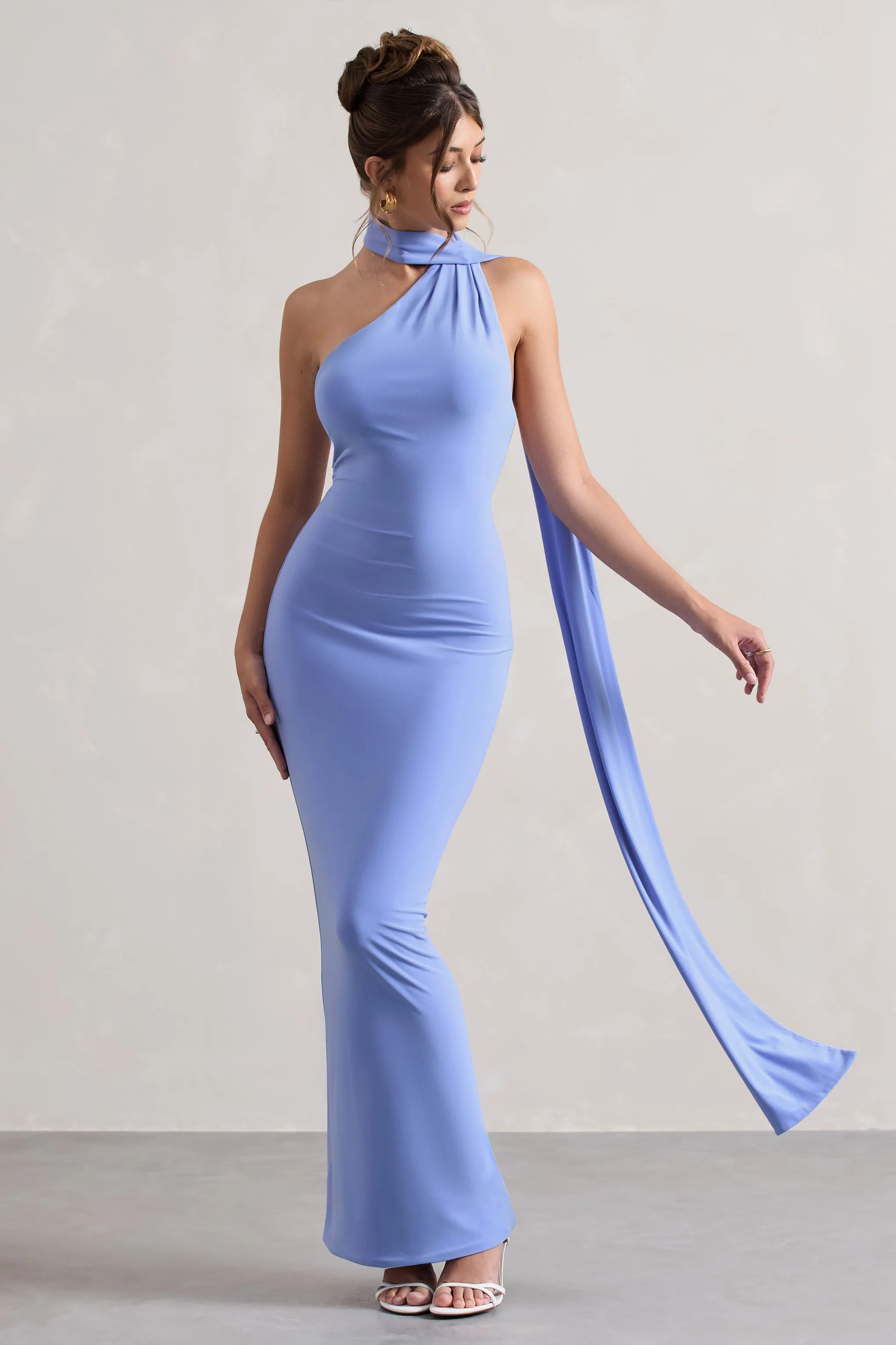 Miss | Pale Blue One Shoulder Backless Maxi Dress With Scarf Club L London