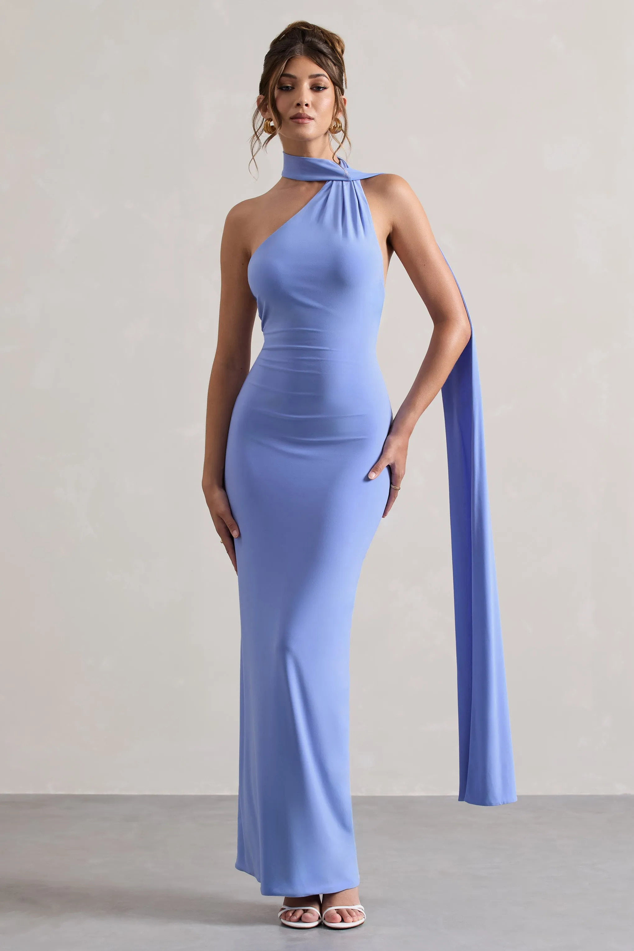 Miss | Pale Blue One Shoulder Backless Maxi Dress With Scarf Club L London