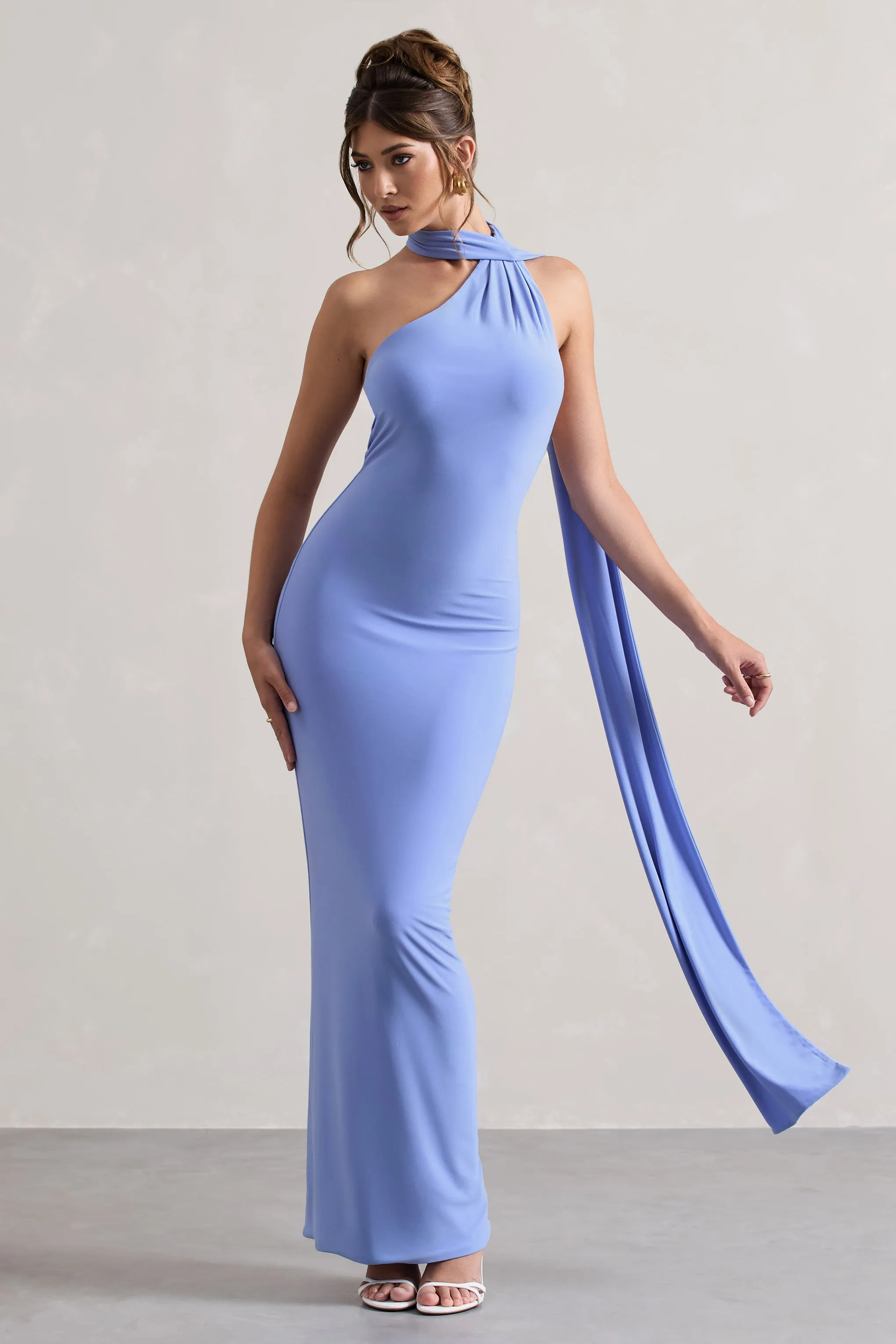 Miss | Pale Blue One Shoulder Backless Maxi Dress With Scarf Club L London