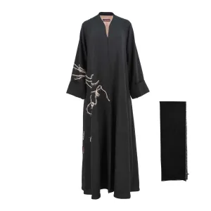 N Design Women's Nude Embroidered Hand Black Abaya