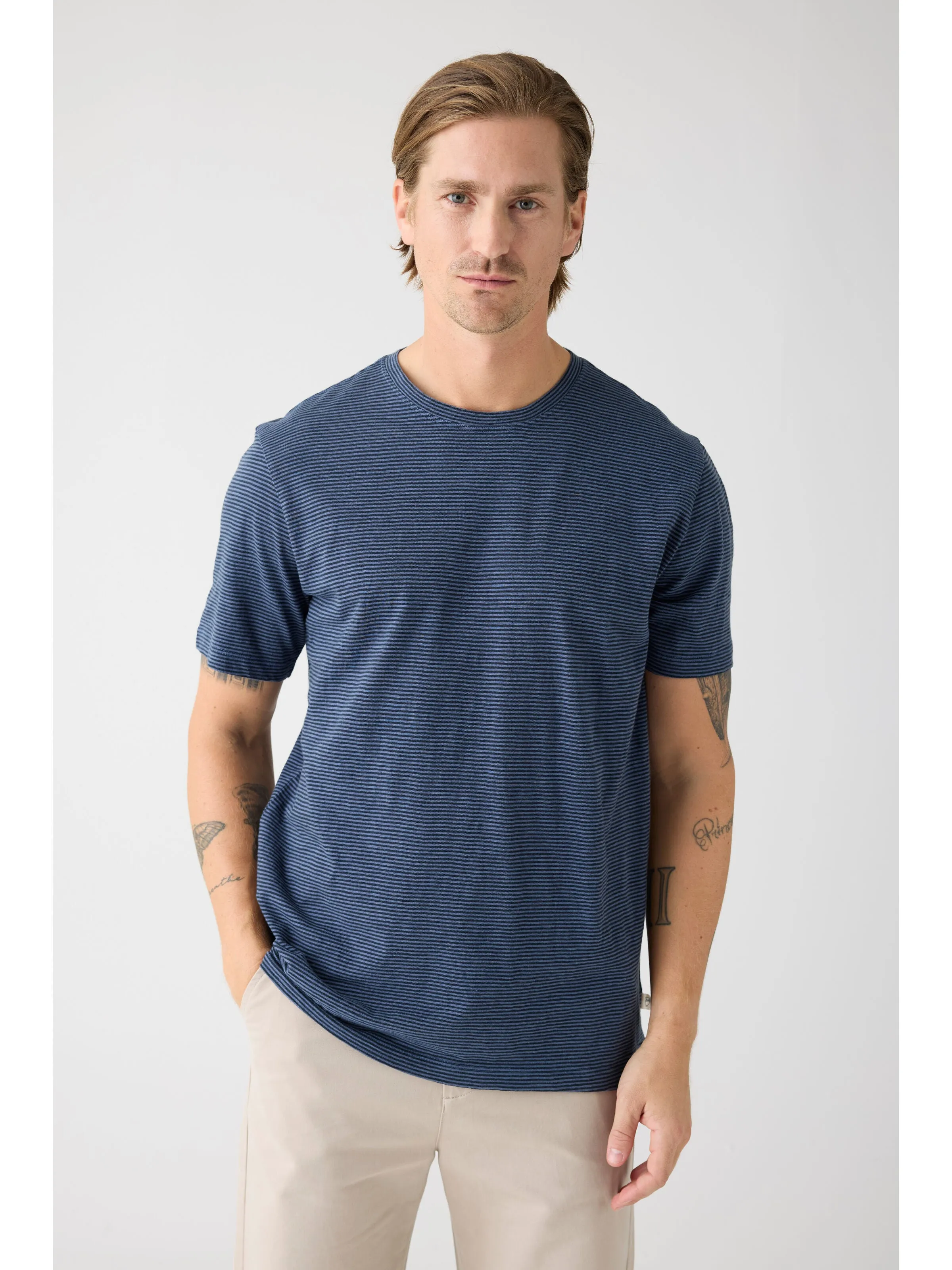 Narrow striped slub t-shirt - Navy Knowledge Cotton