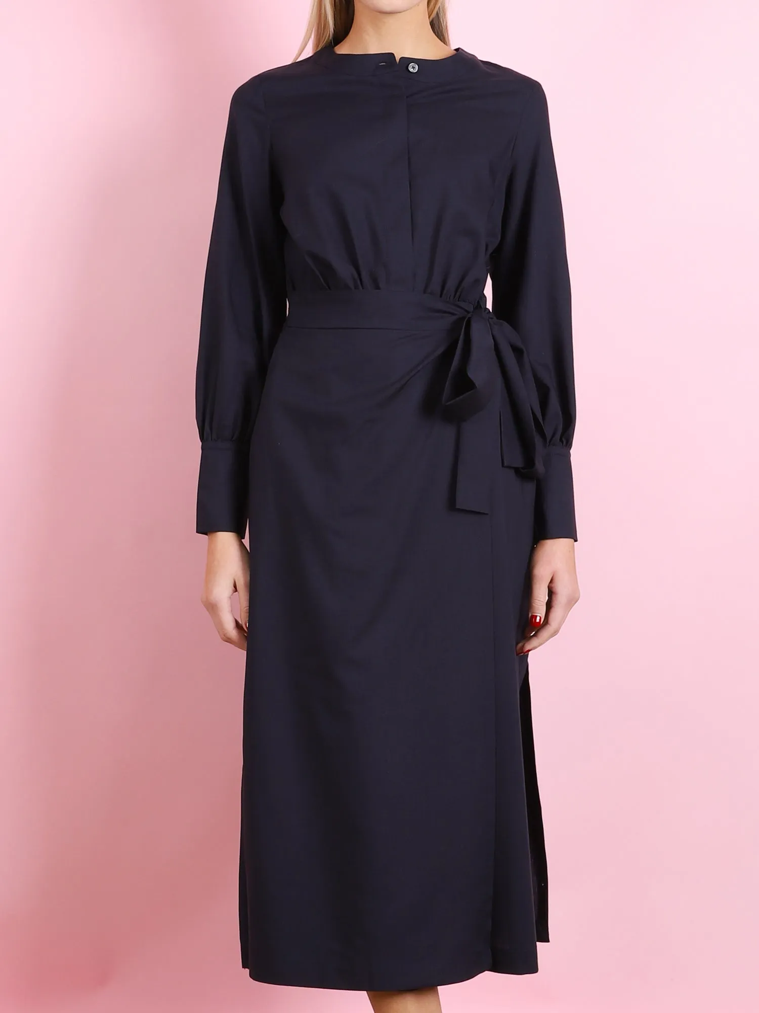 NAVY LONG SLEEVED DRESS WITH TIE