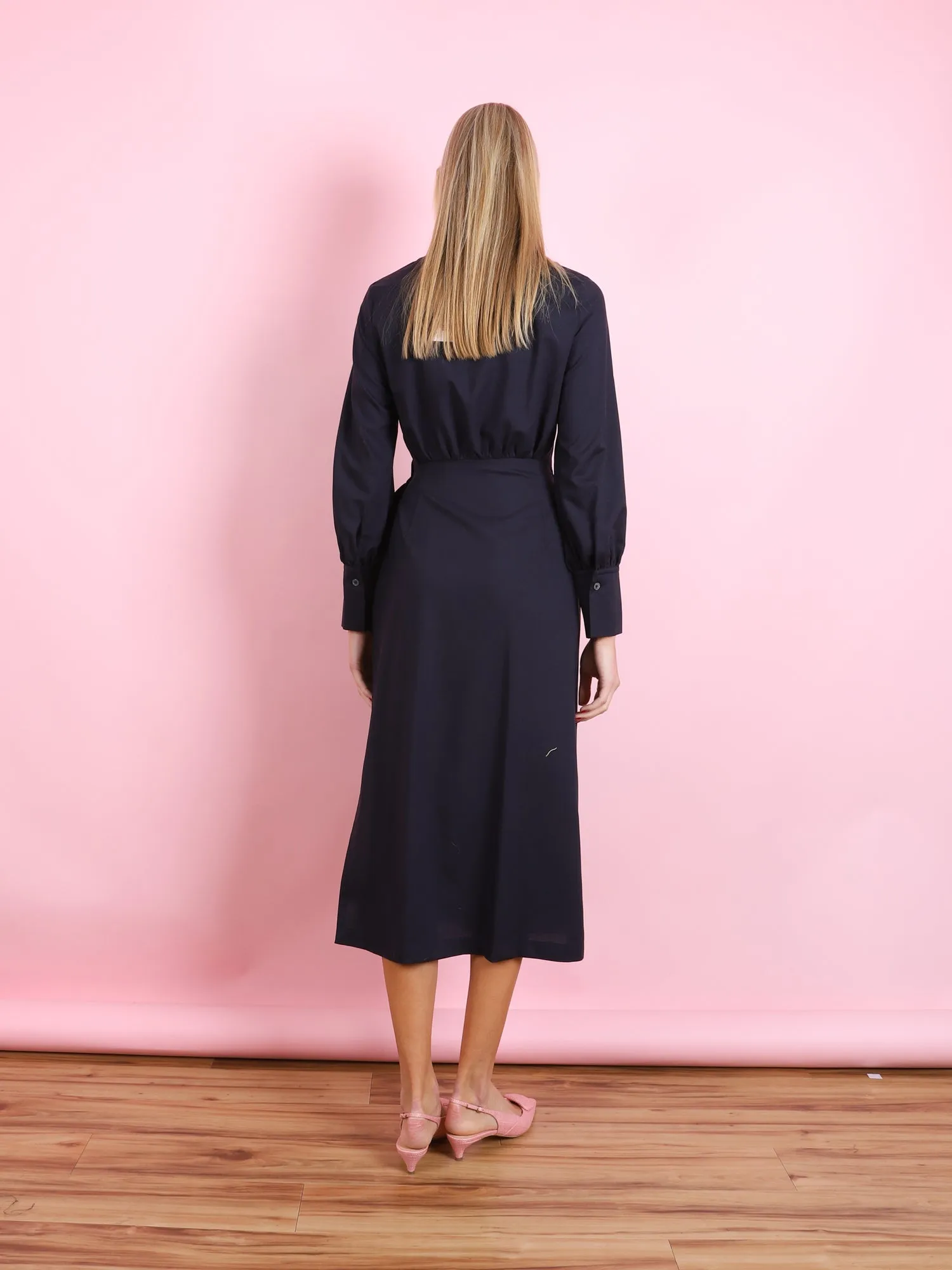 NAVY LONG SLEEVED DRESS WITH TIE