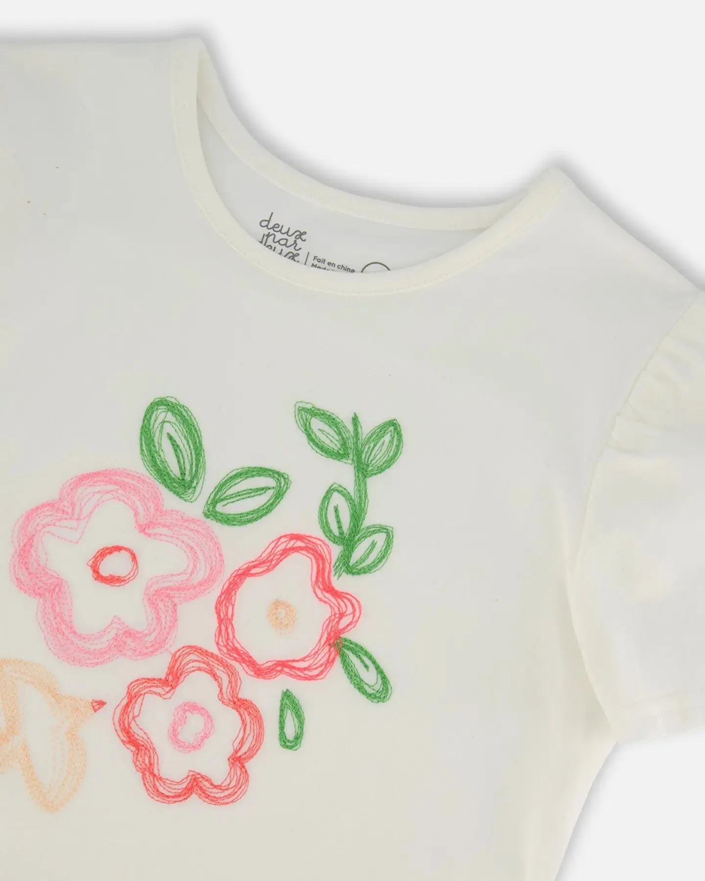 Organic Cotton Tee With Puff Sleeve Pink Flower On White Background