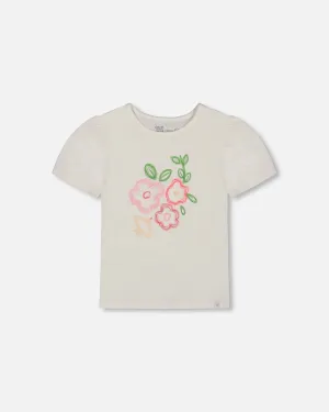 Organic Cotton Tee With Puff Sleeve Pink Flower On White Background